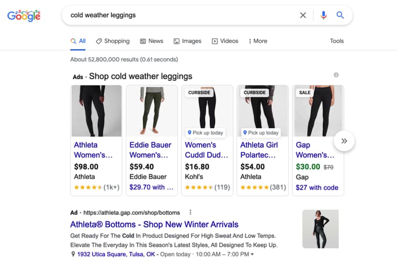 Google Shopping ads showing product images, prices and store names in search results