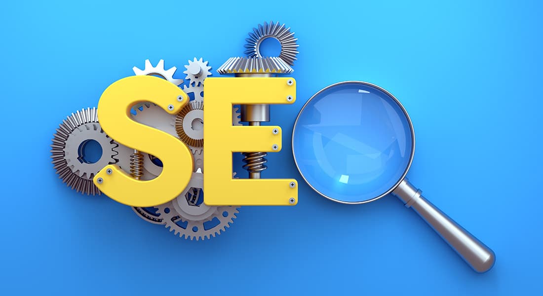 Search engine optimization concept illustration: the letters SEO with gears and a magnifying glass, representing Google and Yandex ranking factors