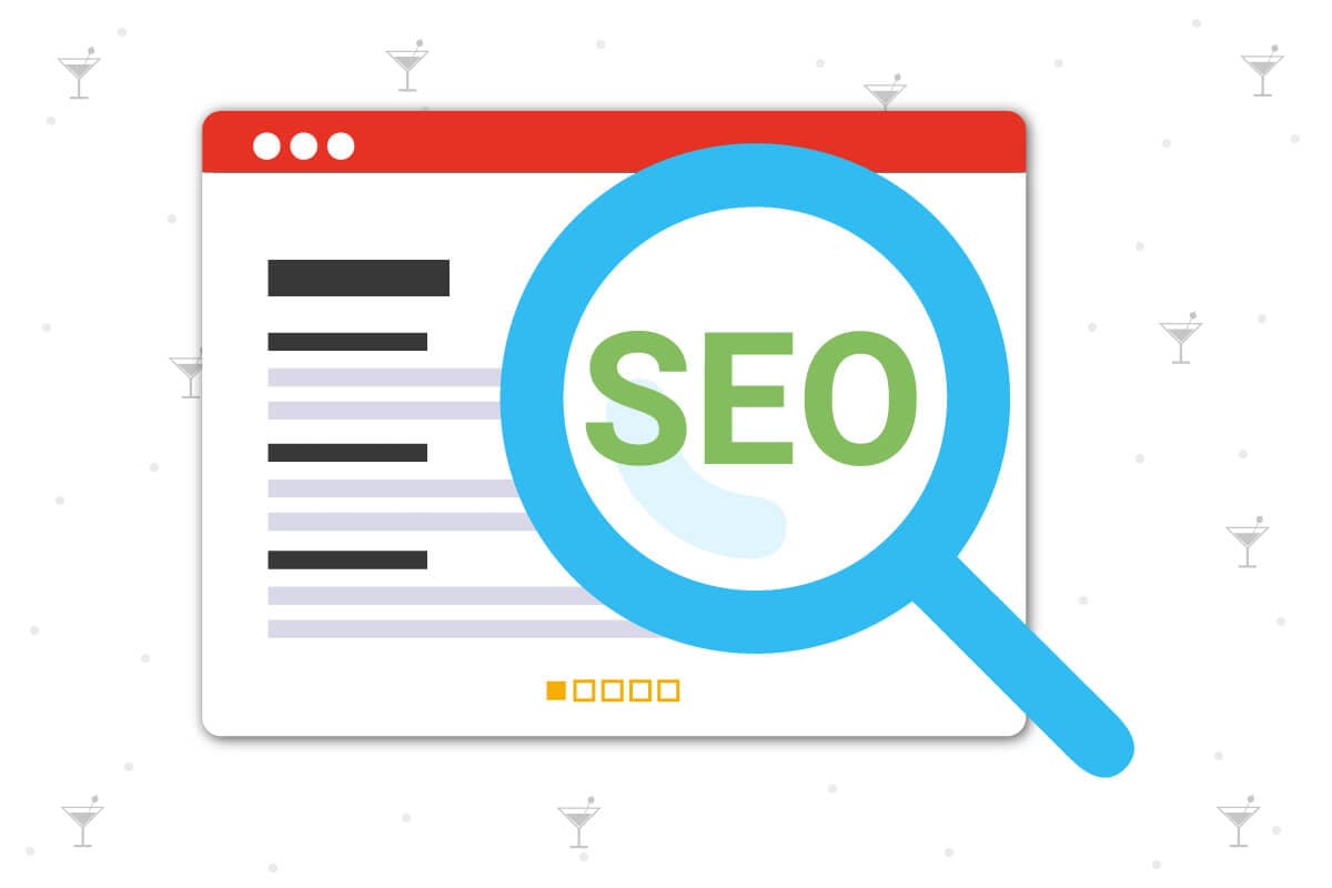 On-page SEO illustration: a web page under a magnifying glass with optimized titles, headings and meta descriptions